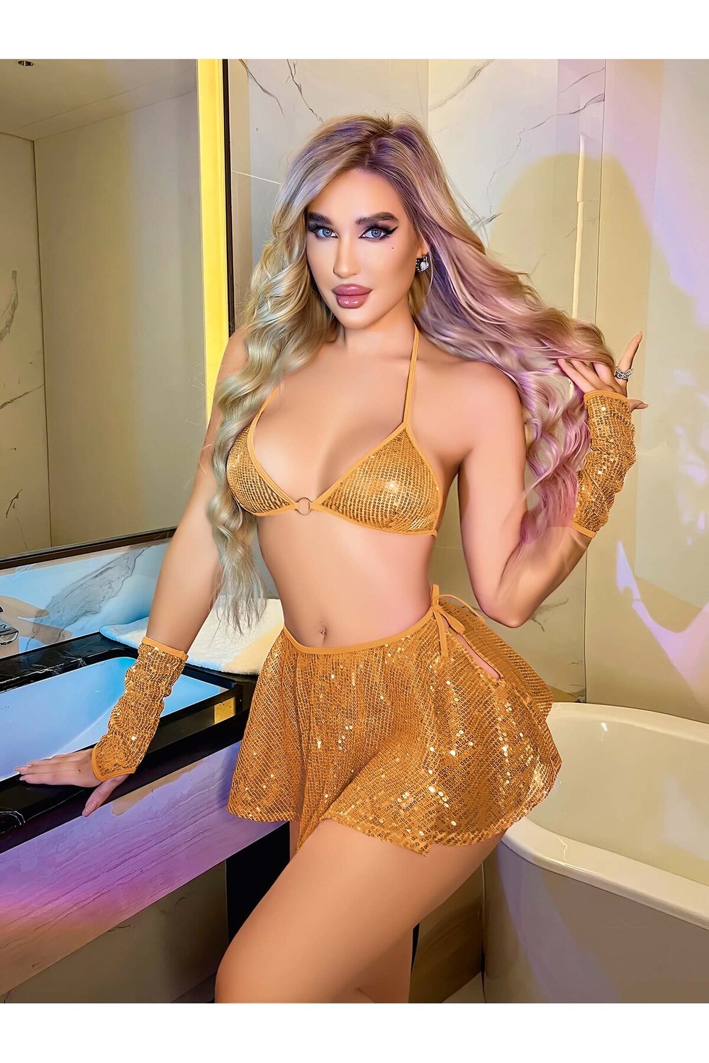 Kadın Pembe Payetli Fantezi Kostüm - Mini Etekli Bikini Takımı ve Eldiven Seti