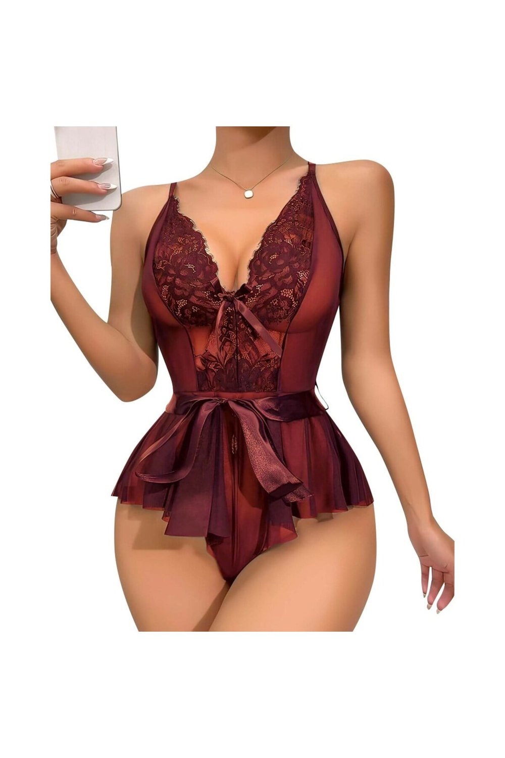 Kuşaklı Dantelli Kadın Fantazi Gecelik Bordo