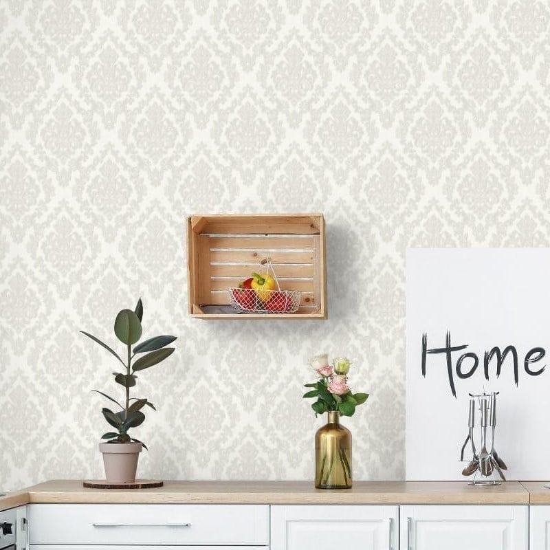 Adawall Dante 1405-1 Beyaz Gümüş Motifli Damask Duvar Kağıdı