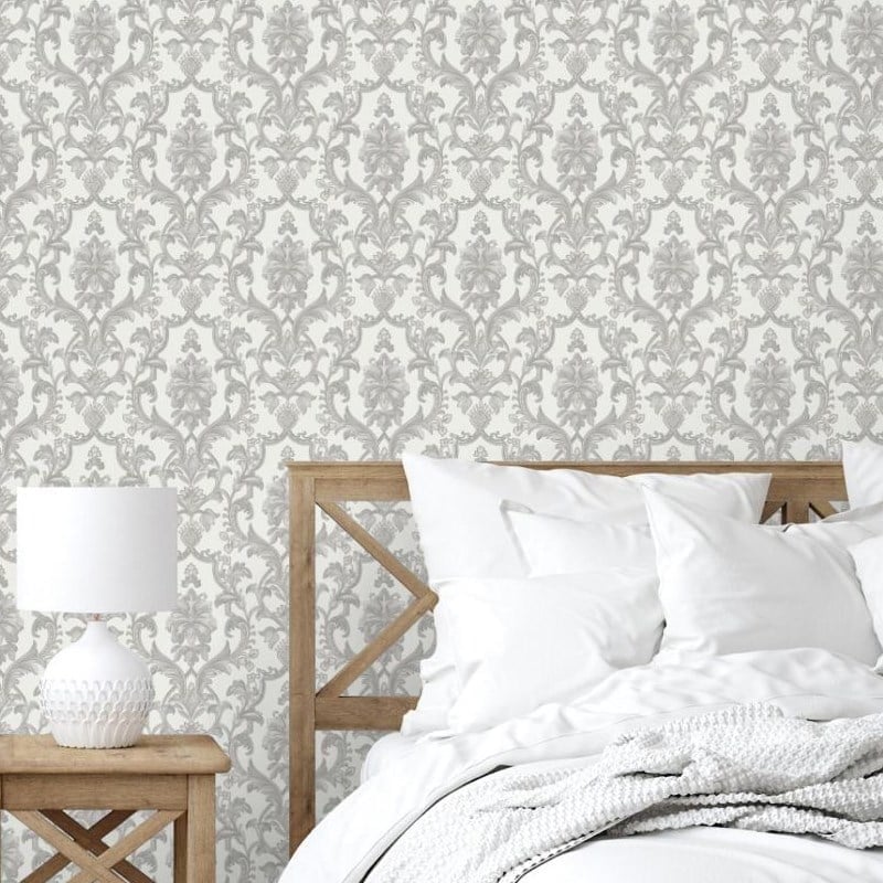 Adawall Dante 1407-3 Gri Gümüş Çiçekli Damask Duvar Kağıdı
