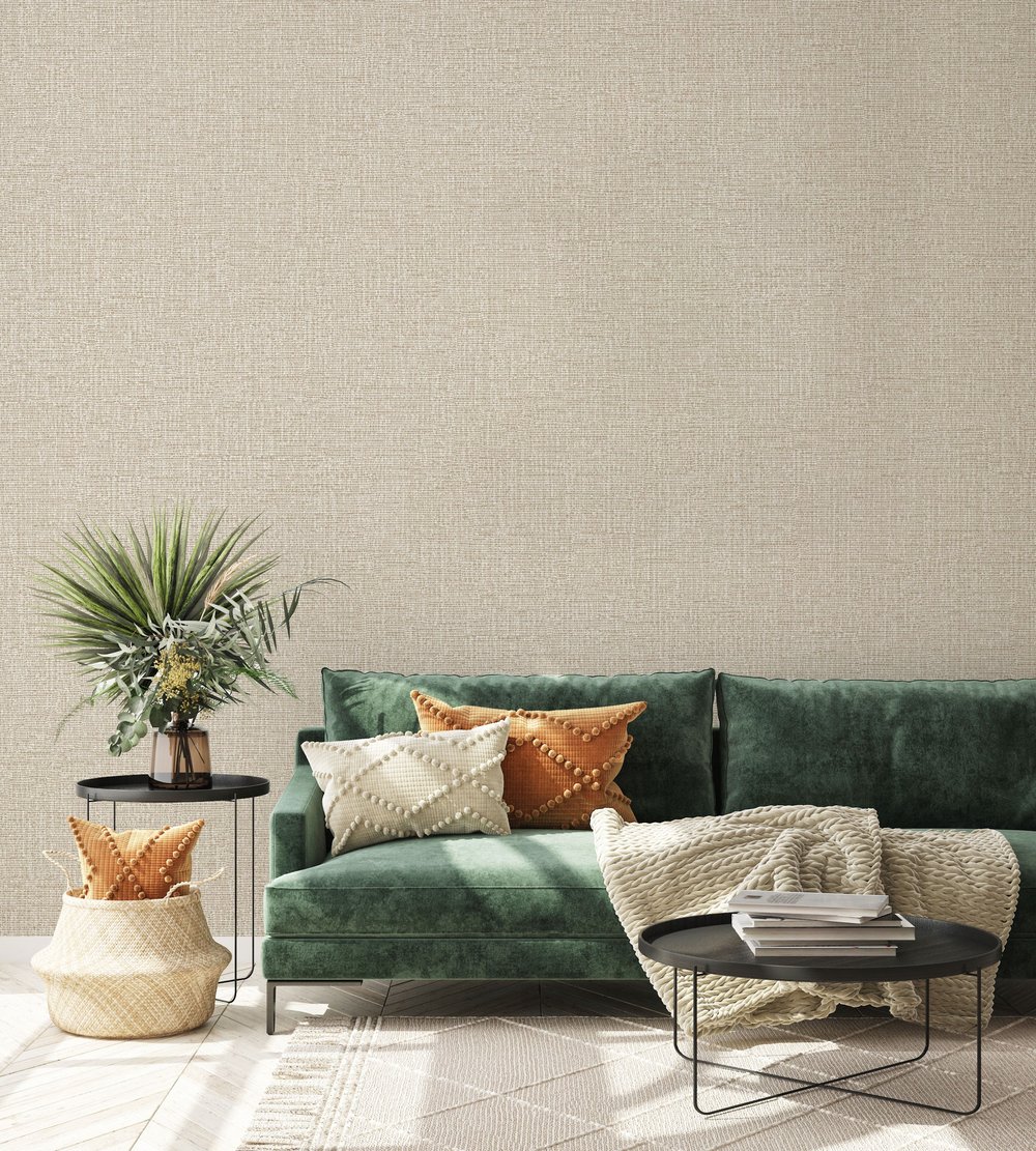 Adawall Icon 24110-2 Bej Keten Dokulu Sade Modern Duvar Kağıdı