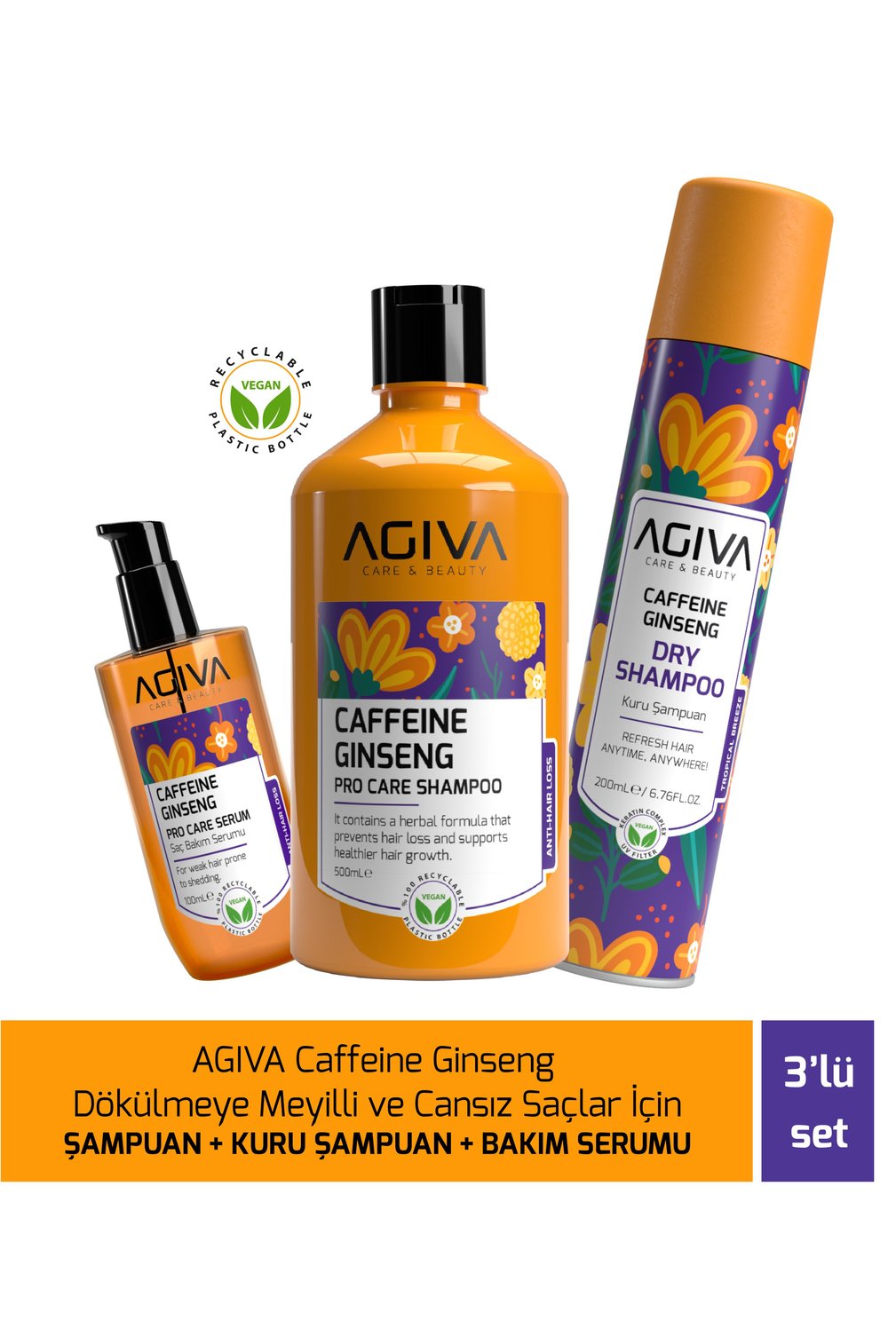 AGİVA CARE & BEAUTY Caffeine Ginseng Dökülmeye Meyimli ve Cansız Saçlar İçin Şampuan + Kuru Şampuan + Bakım Serumu - 3lü Saç Bakım Seti