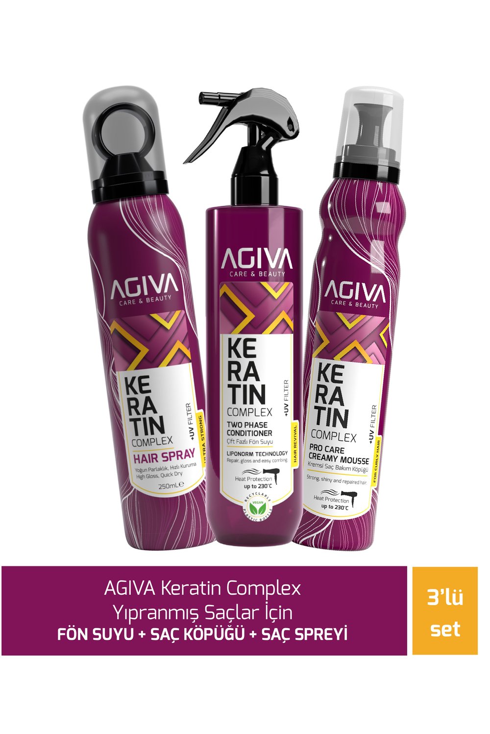 AGİVA CARE & BEAUTY Keratin Complex Yıpranmış Saçlar İçin Fön Suyu + Saç Köpüğü + Saç Spreyi - 3lü Saç Bakım Seti