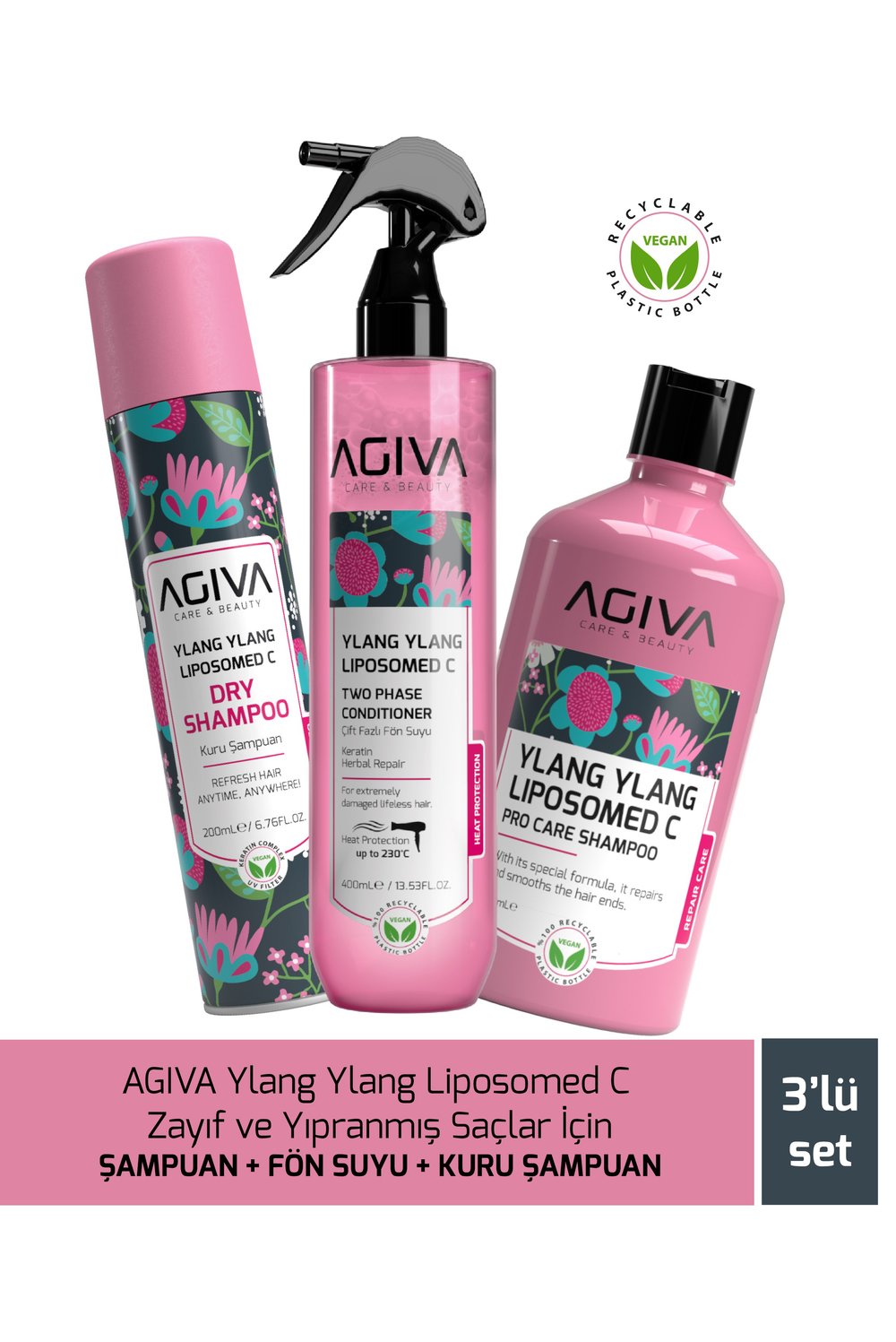 AGİVA CARE & BEAUTY Ylang Ylang Liposomed C Zayıf ve Yıpranmış Saçlar İçin Şampuan + Fön Suyu + Kuru Şampuan - 3lü Saç Bakım Seti