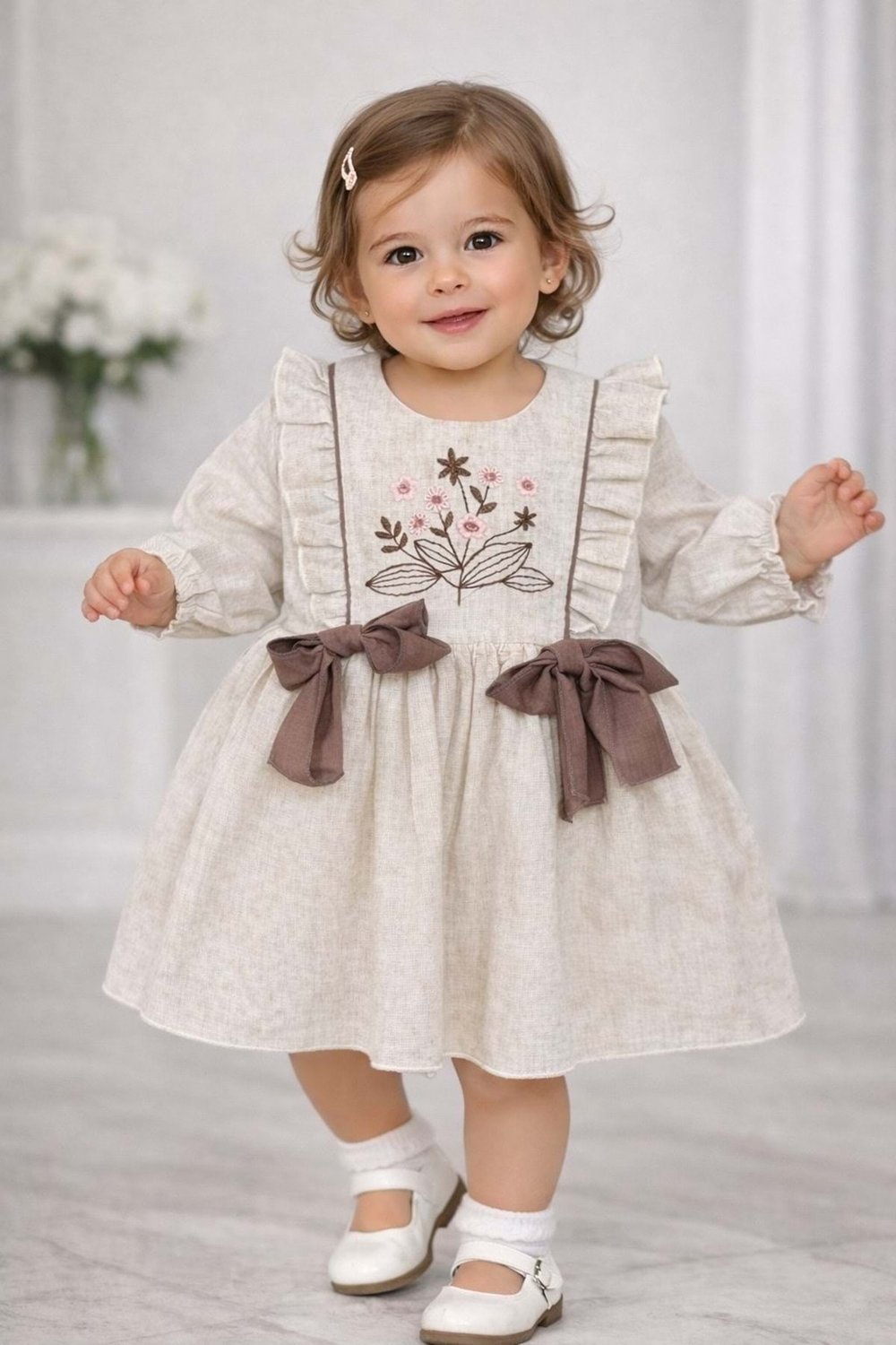 Canöz Bebe Çiçek Nakışlı Kız Elbise 9-24 Aylık - 3740245 - KAHVERENGİ