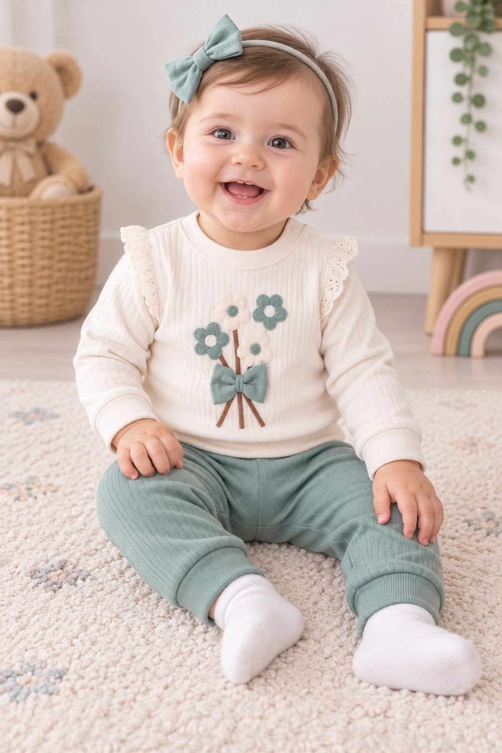 Yeşil Çiçekli Bebe Alt-Üst Takım
