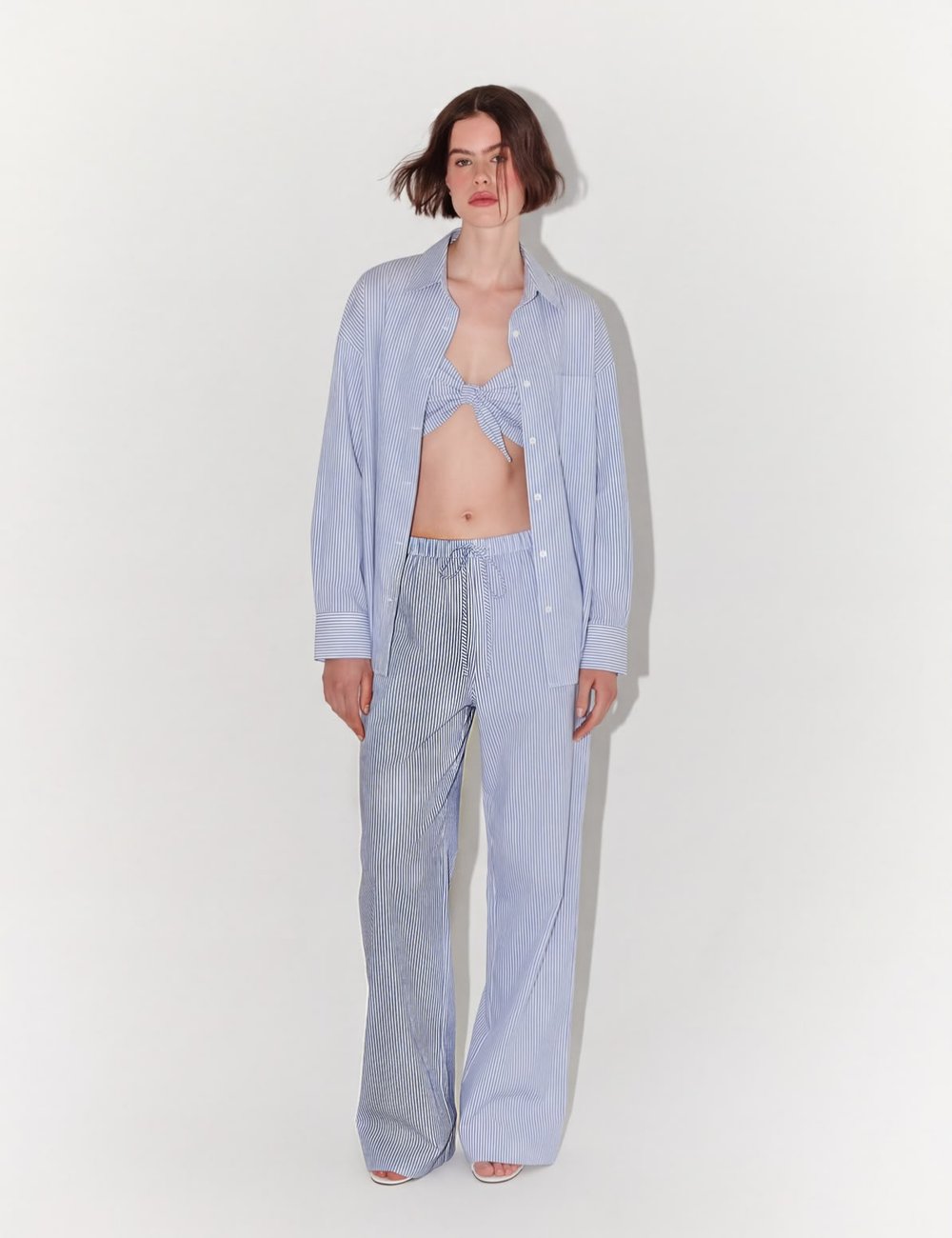 Contrast Leg Striped Loungewear Set In Blue and White