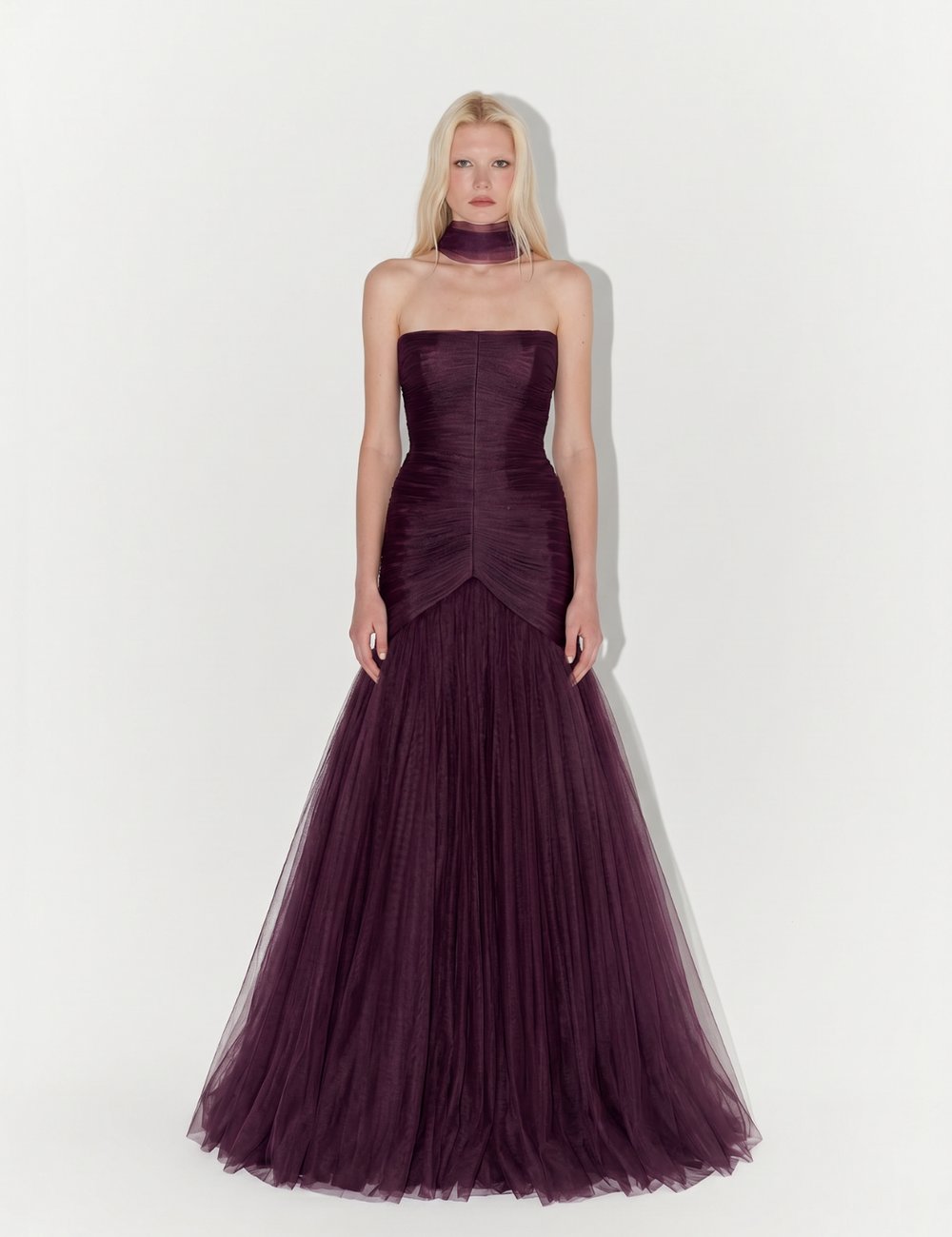 Draped Strapless Tulle Gown with Scarf In Purple