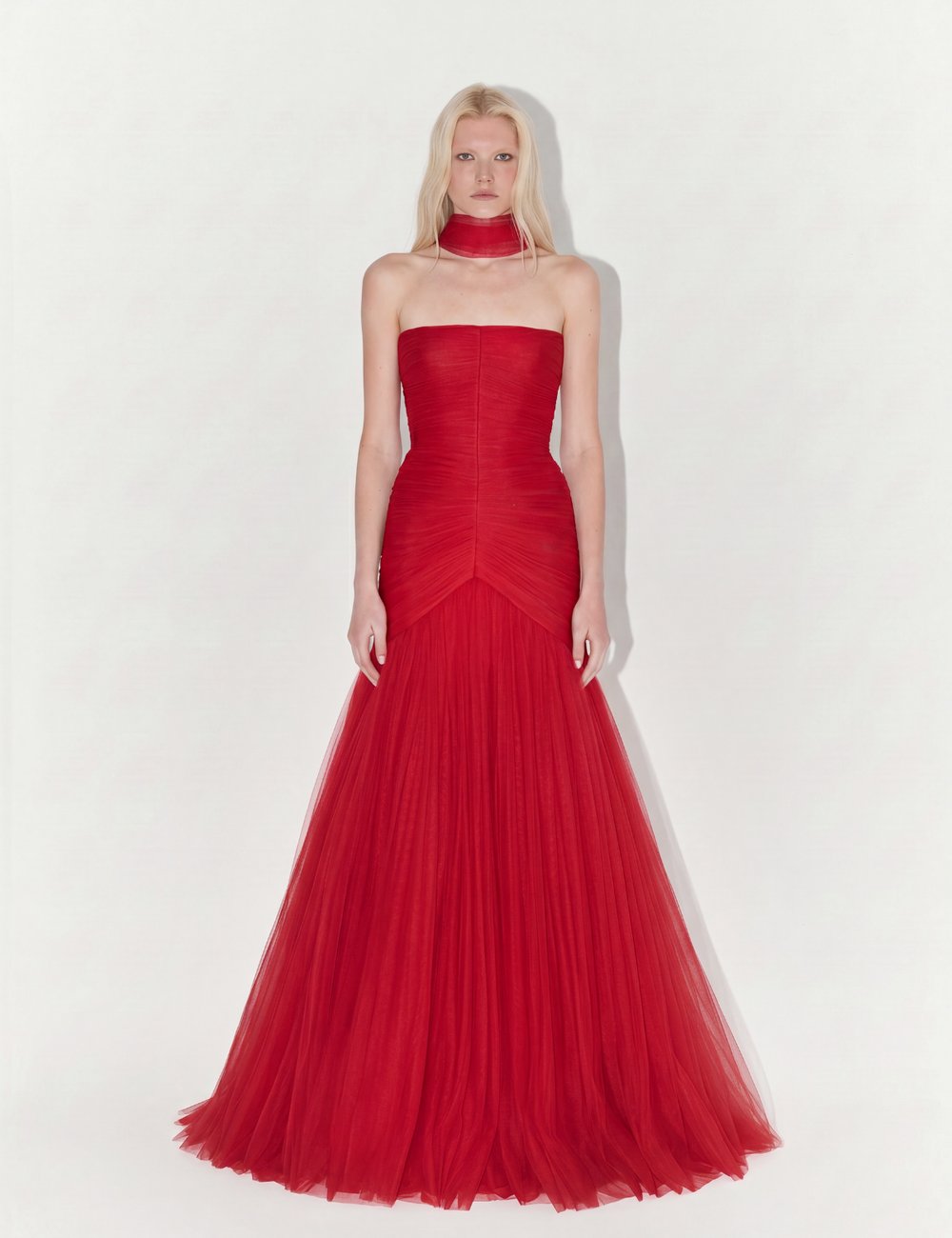 Draped Strapless Tulle Gown with Scarf In Red
