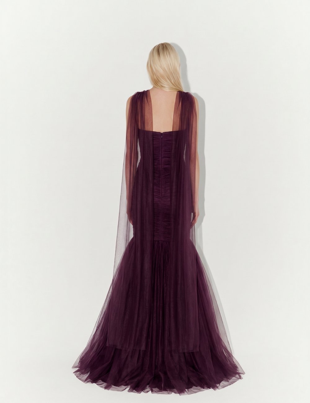 Draped Strapless Tulle Gown with Scarf In Purple