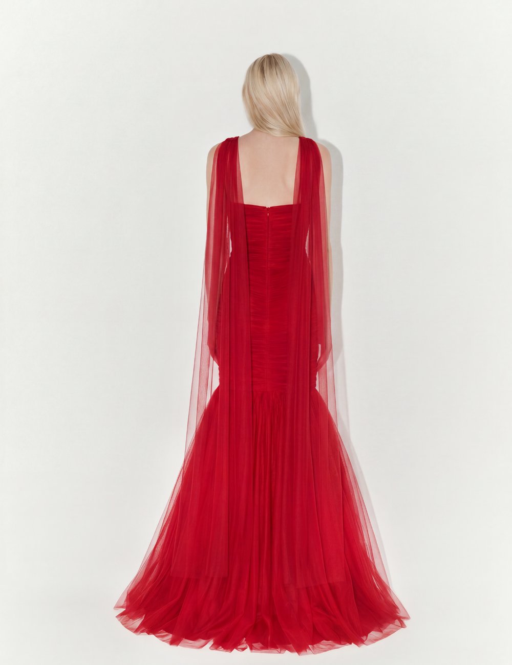 Draped Strapless Tulle Gown with Scarf In Red