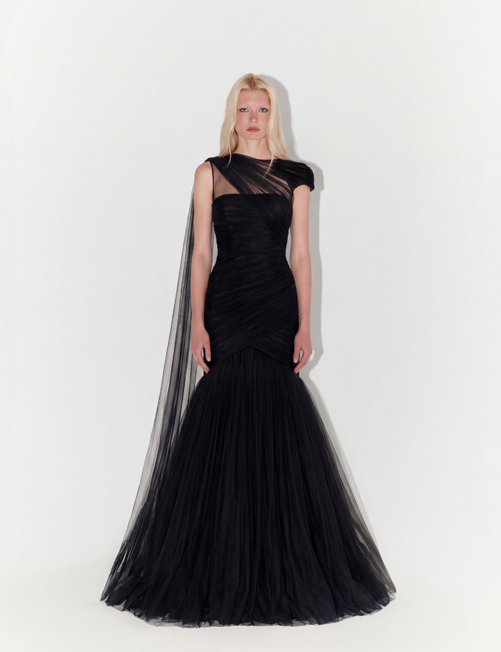 One-Shoulder Couture Structural Tulle Gown In Black