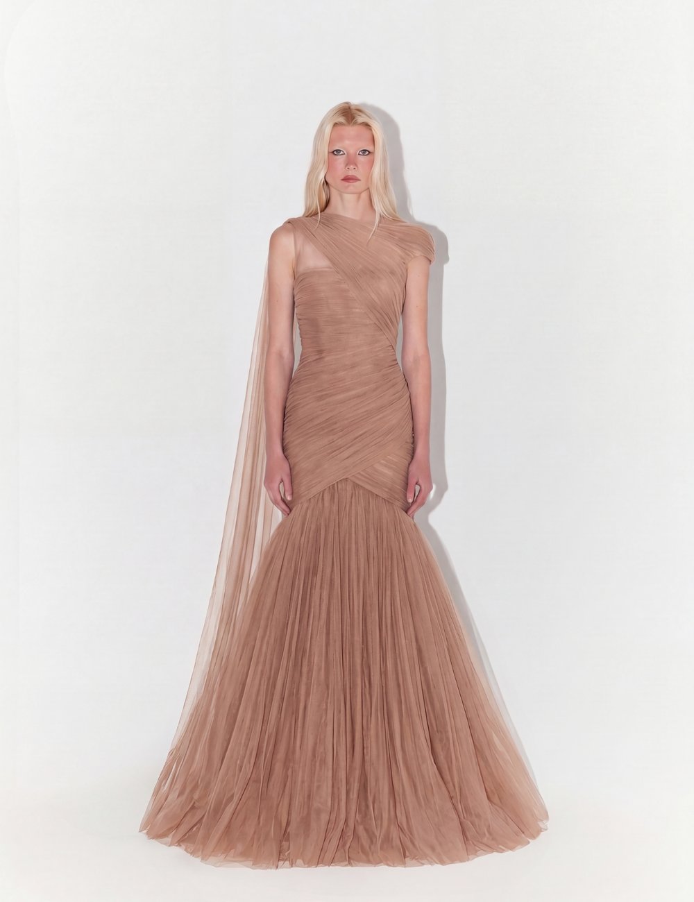 One-Shoulder Couture Structural Tulle Gown In Nude