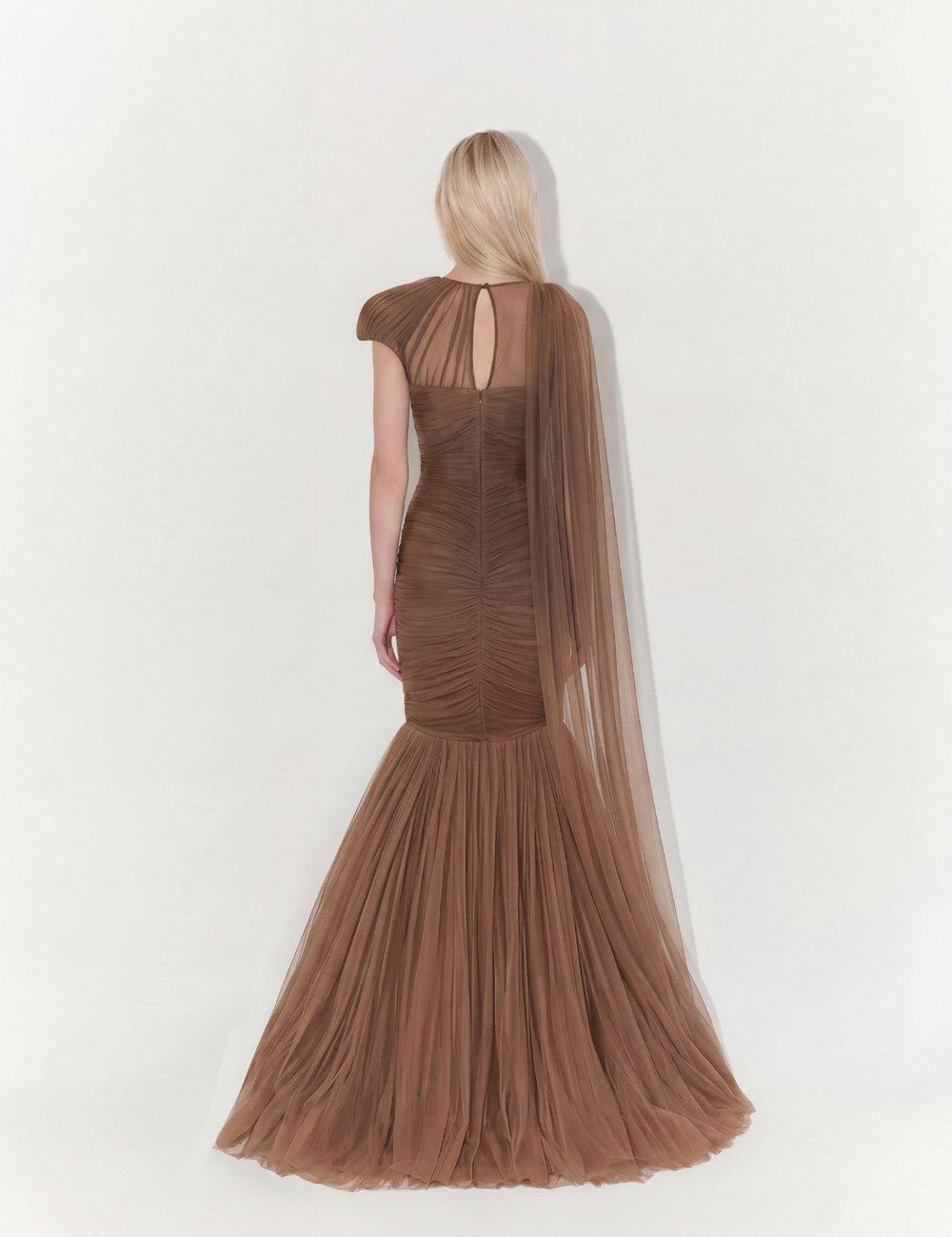 One-Shoulder Couture Structural Tulle Gown In Brown