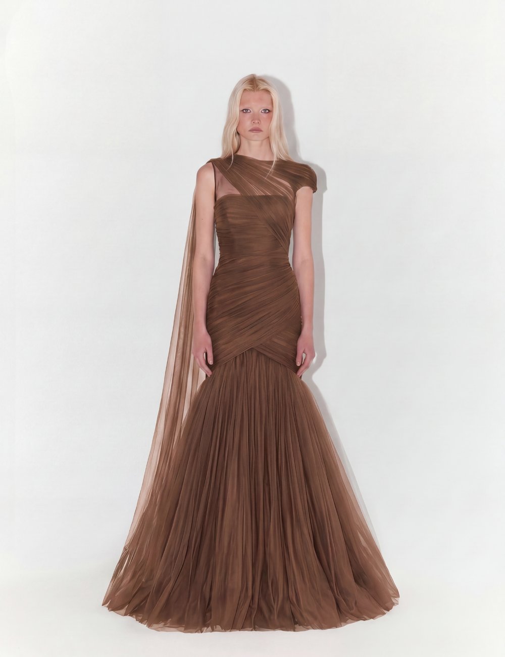 One-Shoulder Couture Structural Tulle Gown In Brown