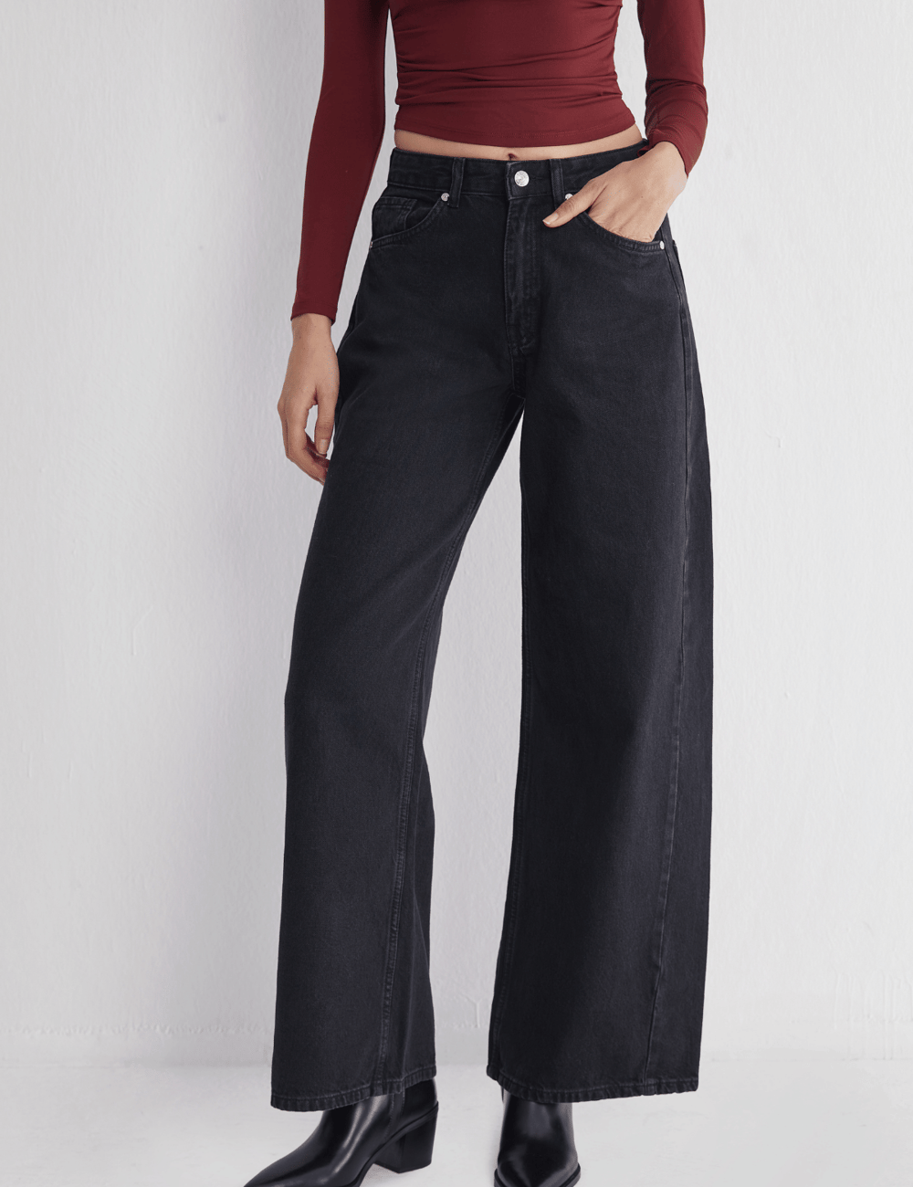 Siyah Yüksek Bel Geniş Paça Jeans