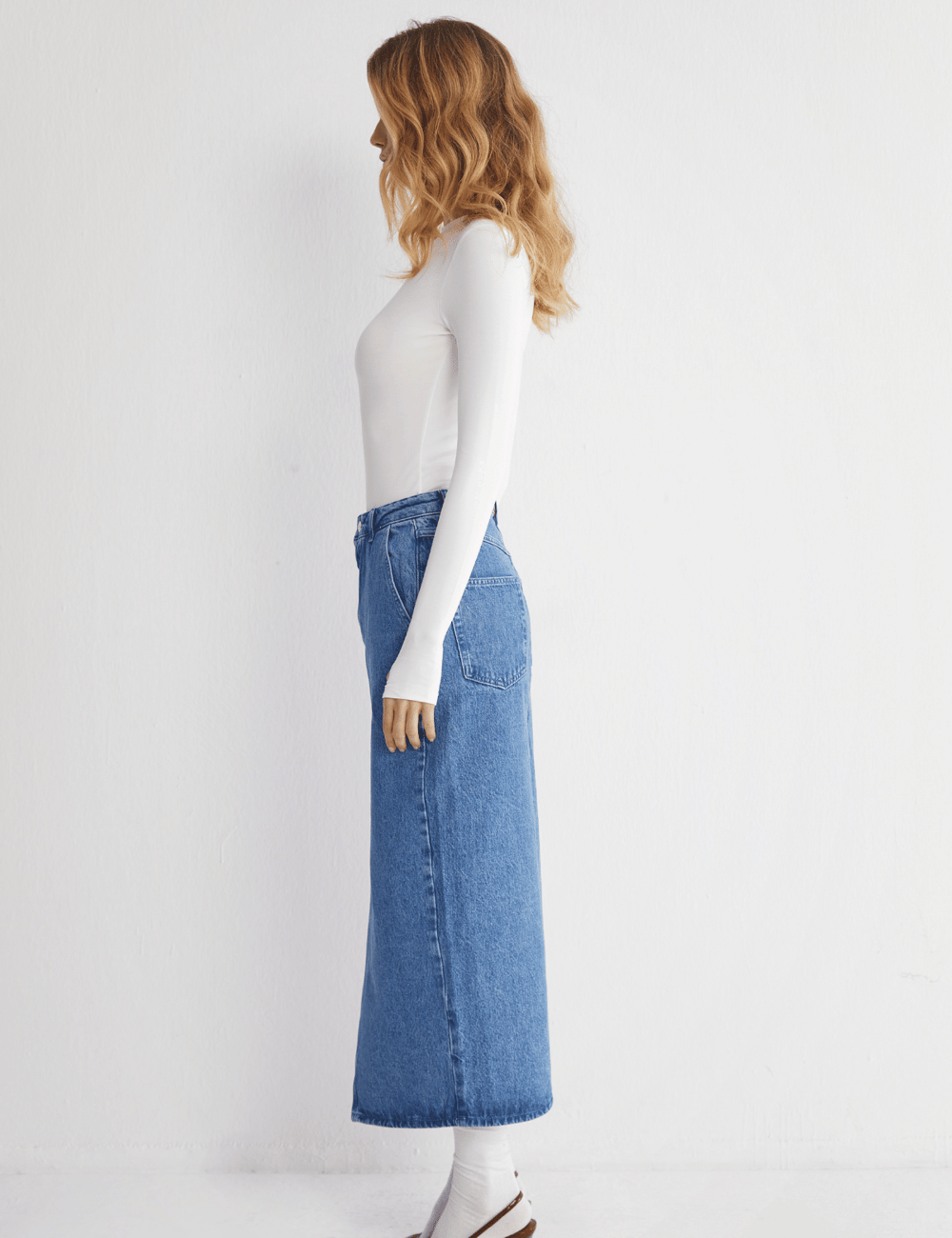 Yüksek Bel Yırtmaçlı Denim Etek