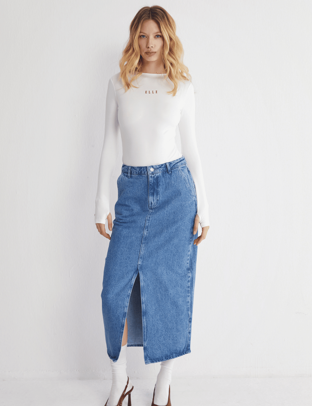 Yüksek Bel Yırtmaçlı Denim Etek