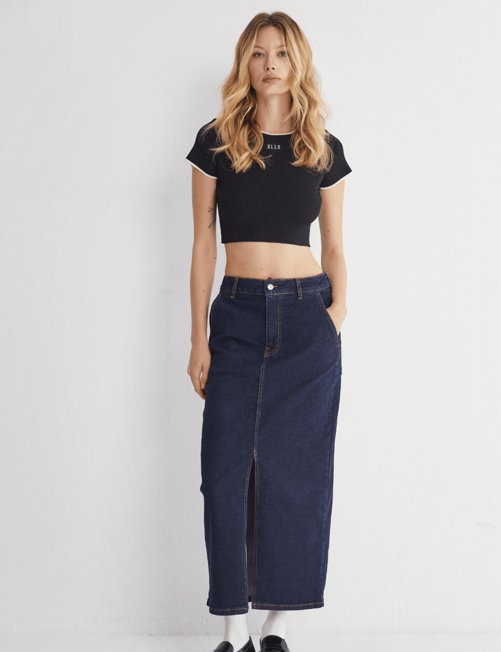 Yüksek Bel Yırtmaçlı Midi Jeans Etek