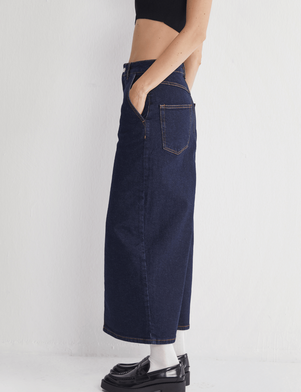 Yüksek Bel Yırtmaçlı Midi Jeans Etek