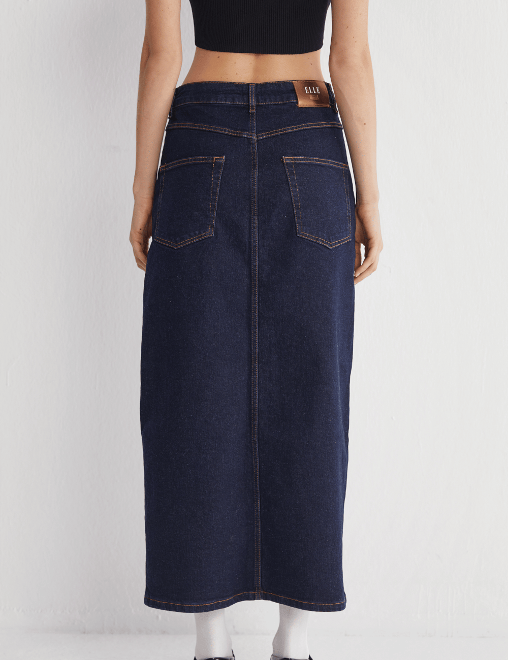 Yüksek Bel Yırtmaçlı Midi Jeans Etek