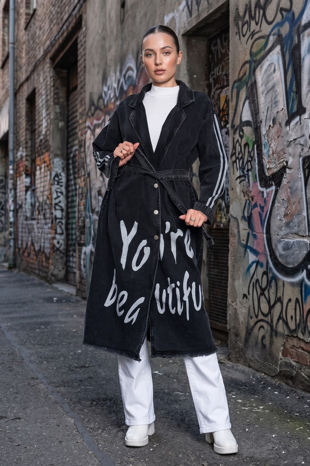 Baskılı Denim Trençkot