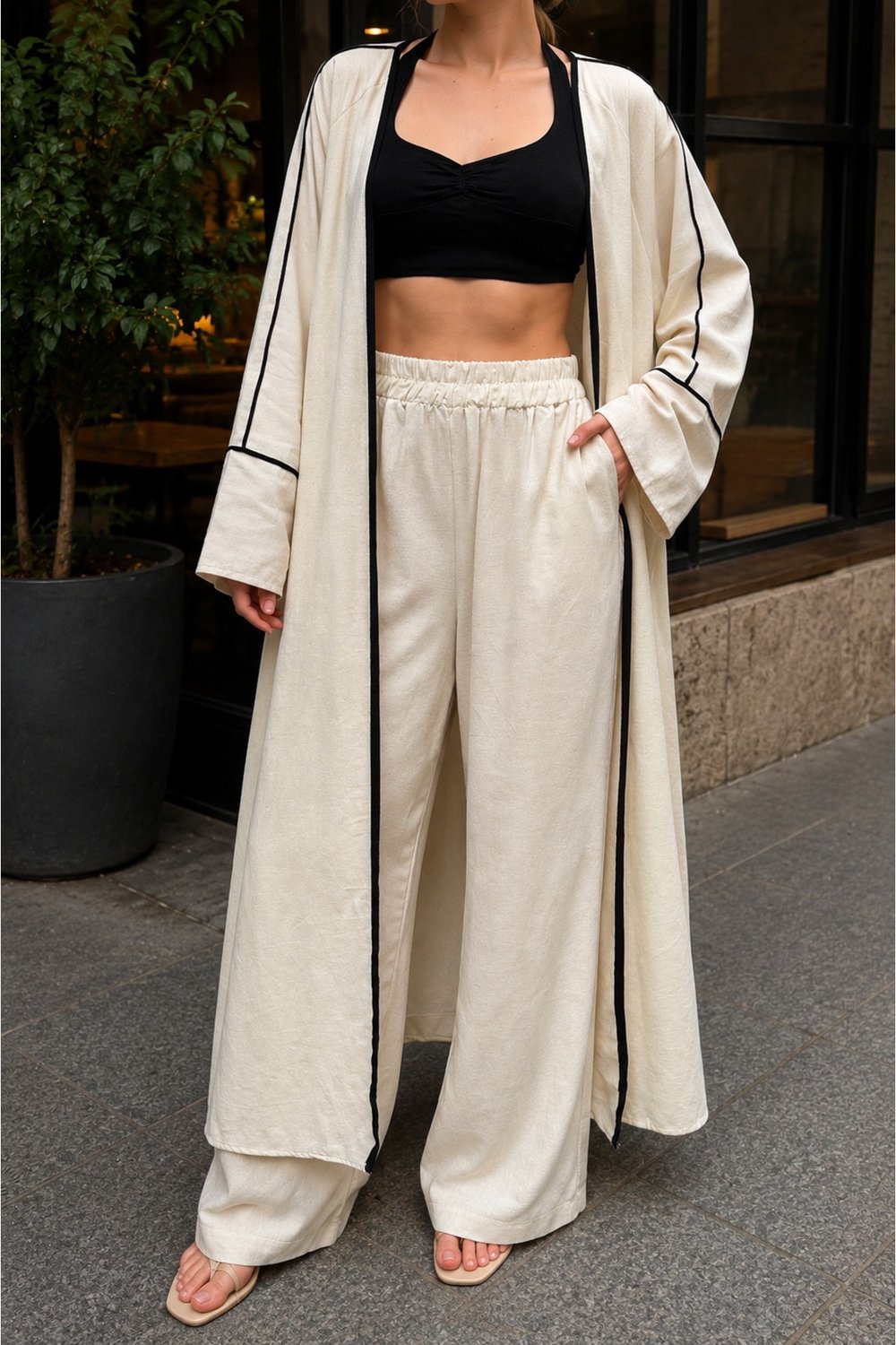 Kadın Ekru Keten Premium Kimono Pantolon Yazlık Takım (36-46)