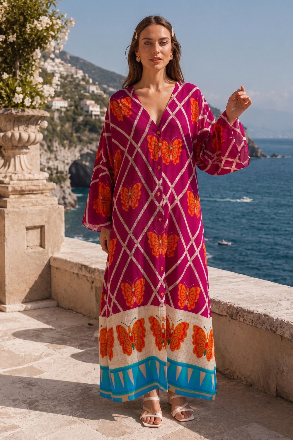 Kelebek Desen Boydan Düğmeli Oversize Elbise | One Size | STD Beden