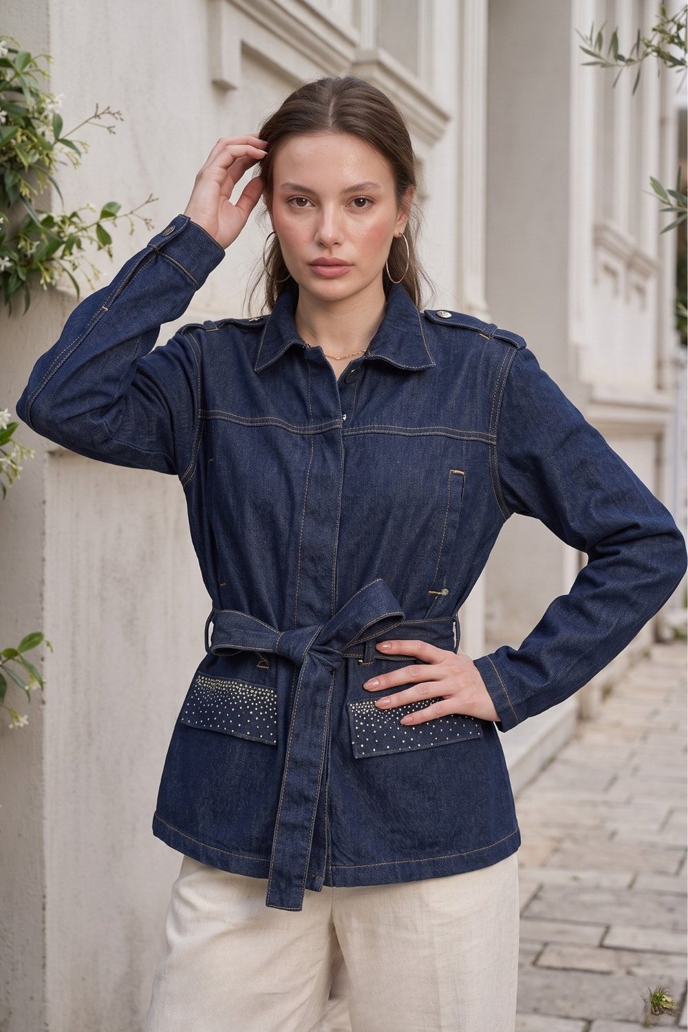 Taş Detaylı Baskılı Denim (Kot) Ceket