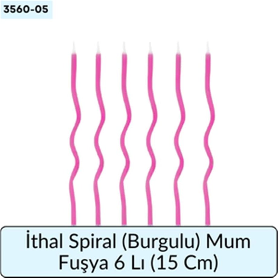 İthal Spiral (Burgulu) Mum Fuşya 6 Lı   (15 Cm)