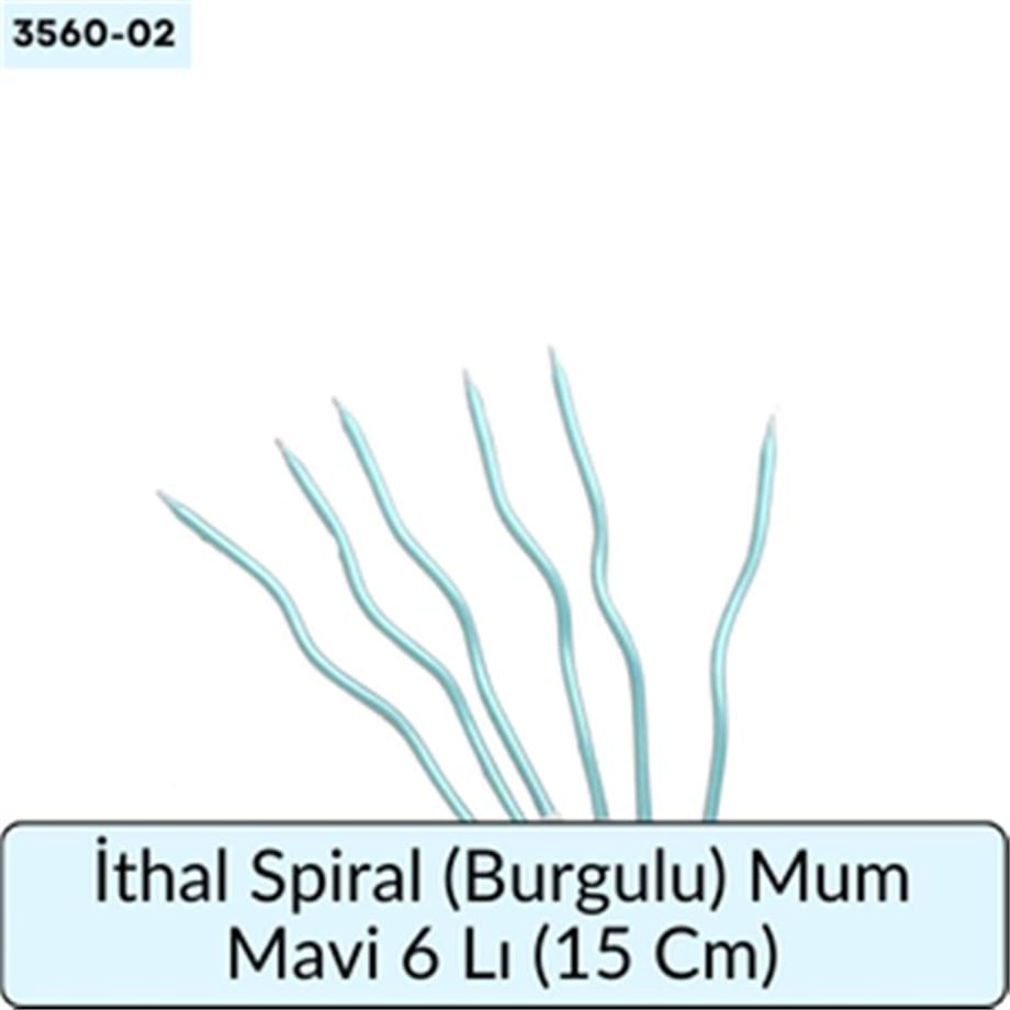 İthal Spiral (Burgulu) Mum Mavi 6 Lı   (15 Cm)
