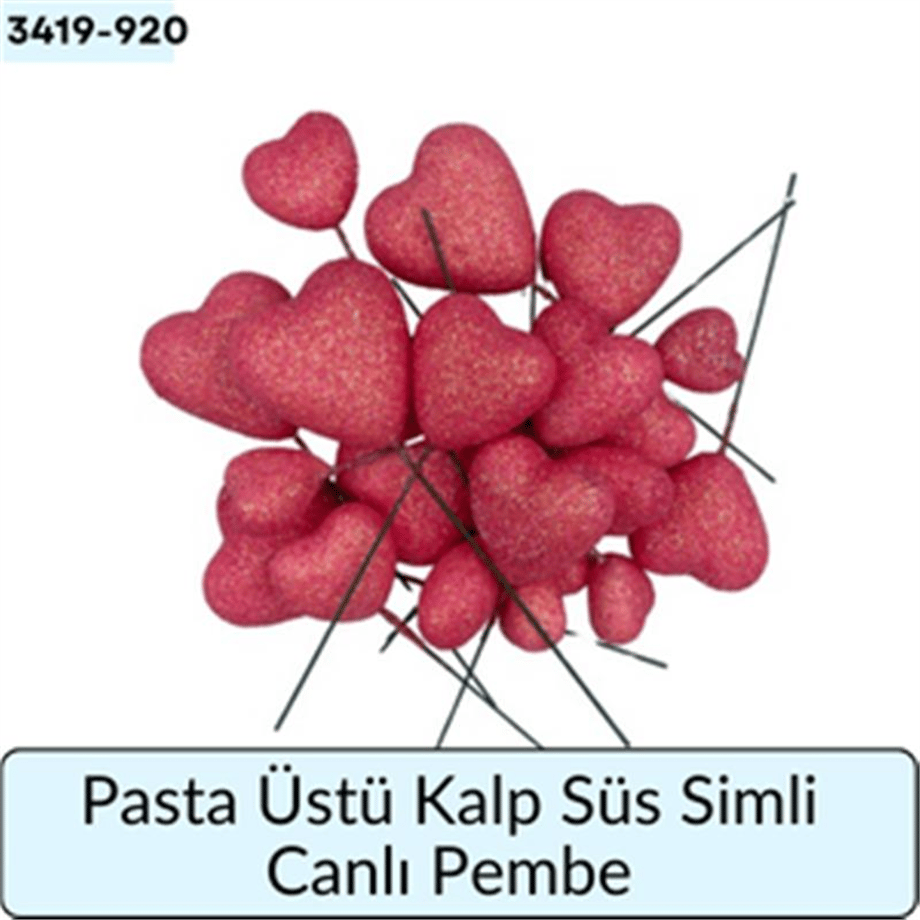 Pasta Üstü Kalp Süs Simli Canlı Pembe