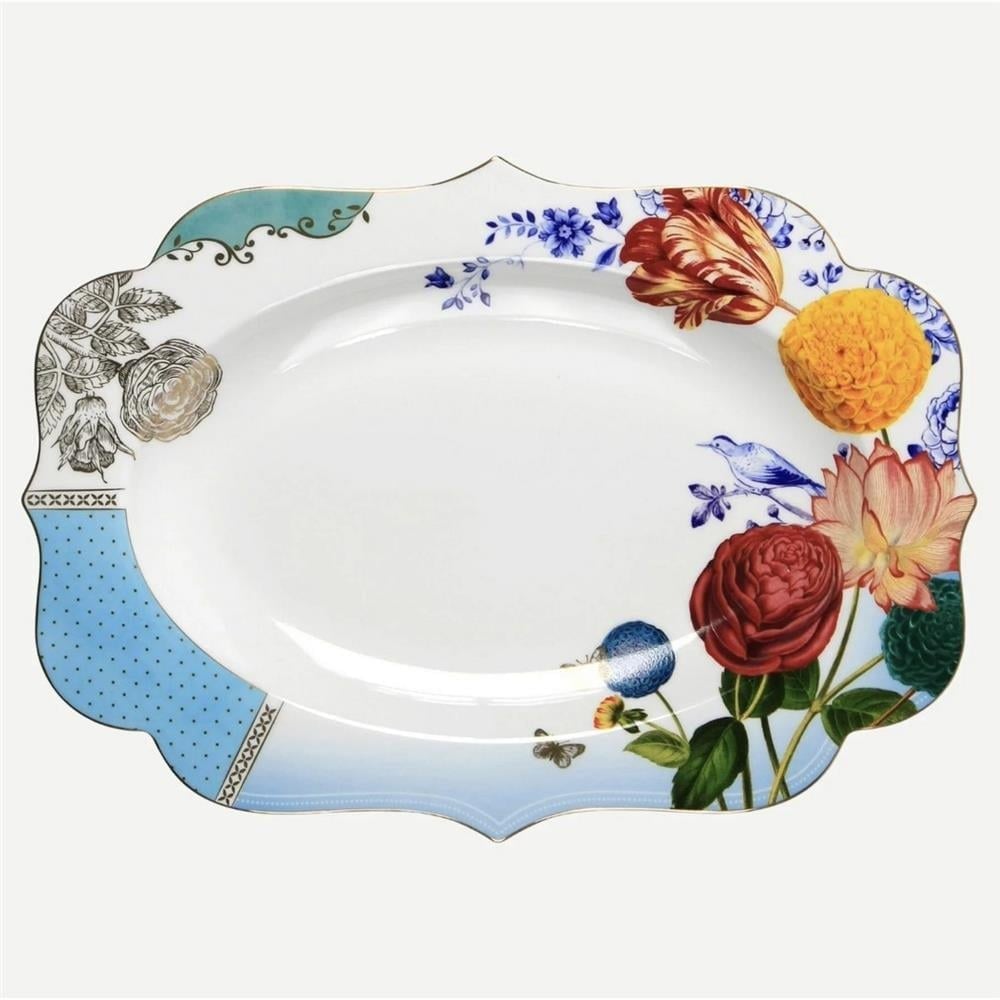 ROYAL BEYAZ MAVİ ÇİÇEK DESENLİ OVAL SERVİS TEPSİSİ