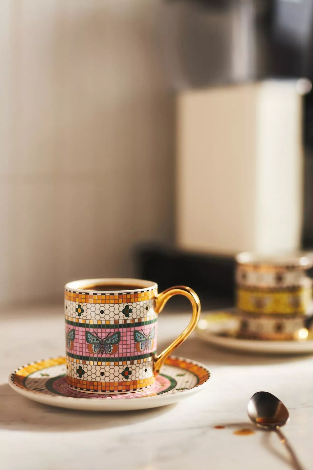 Bistro Tile Stoneware 24k Gold Accent Espresso Cup & Saucer: Garden Edition