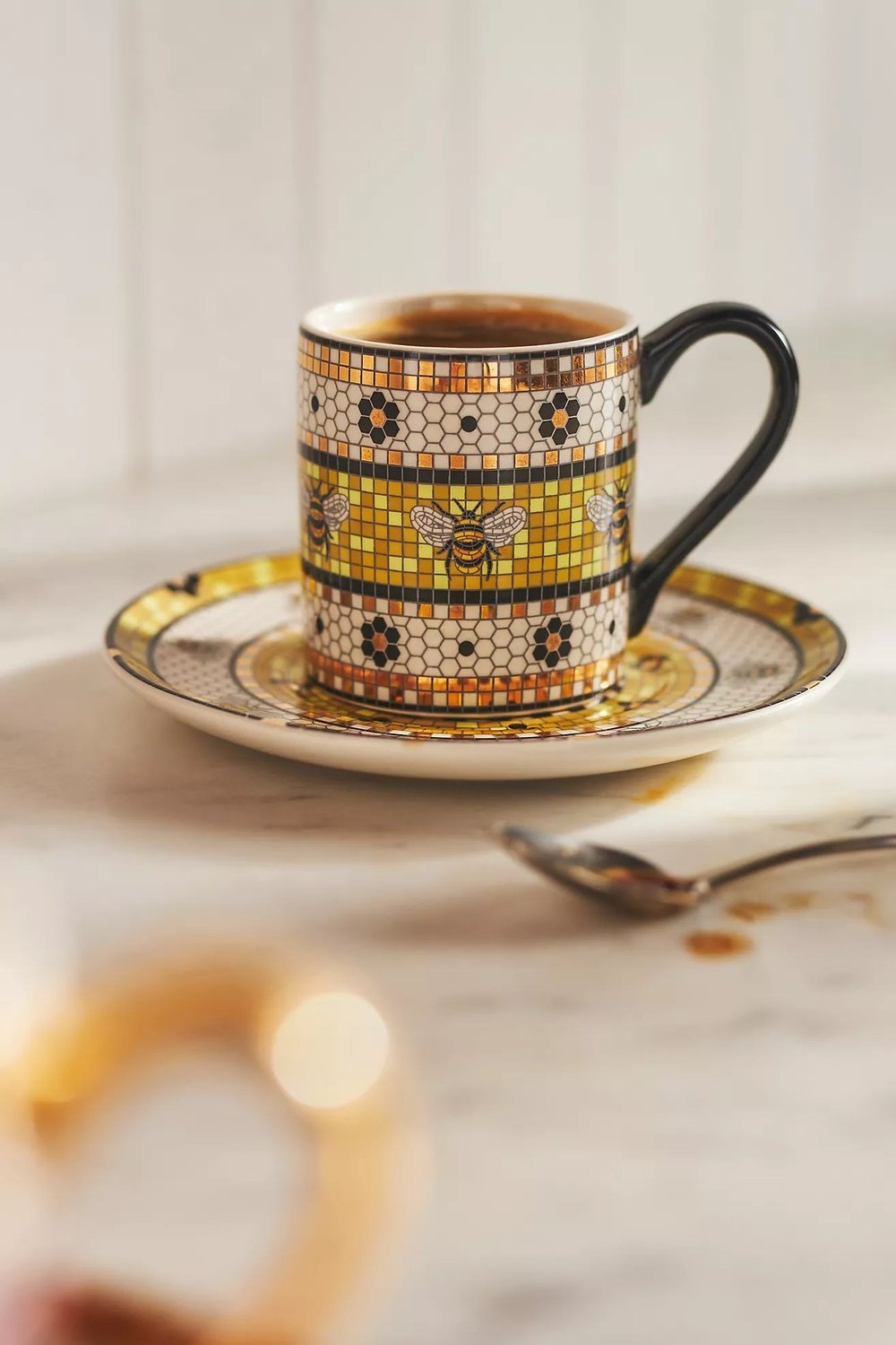 Bistro Tile Stoneware 24k Gold Accent Espresso Cup & Saucer: Garden Editio