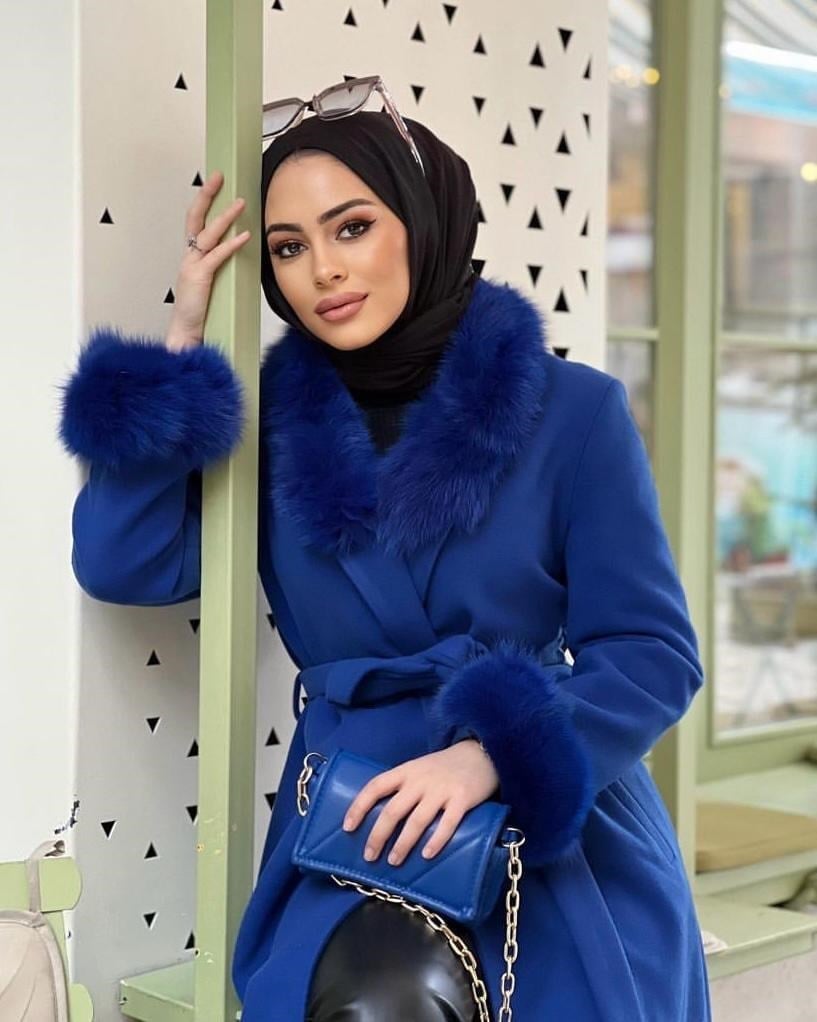 Kürklü Kaşe Kaban | Saks Mavisi
