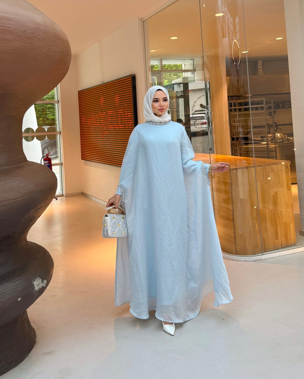Taş Detaylı içlik Elbise Panço Abaya Bebe Mavisi