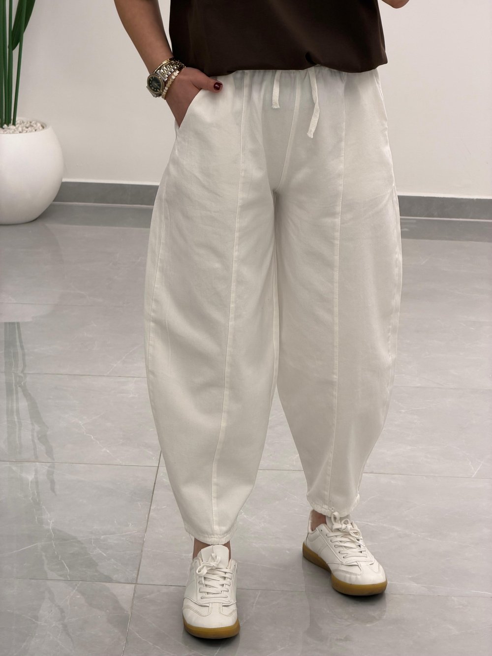 Balon Kesim Yüksek Bel Gabardin Pantolon Beyaz