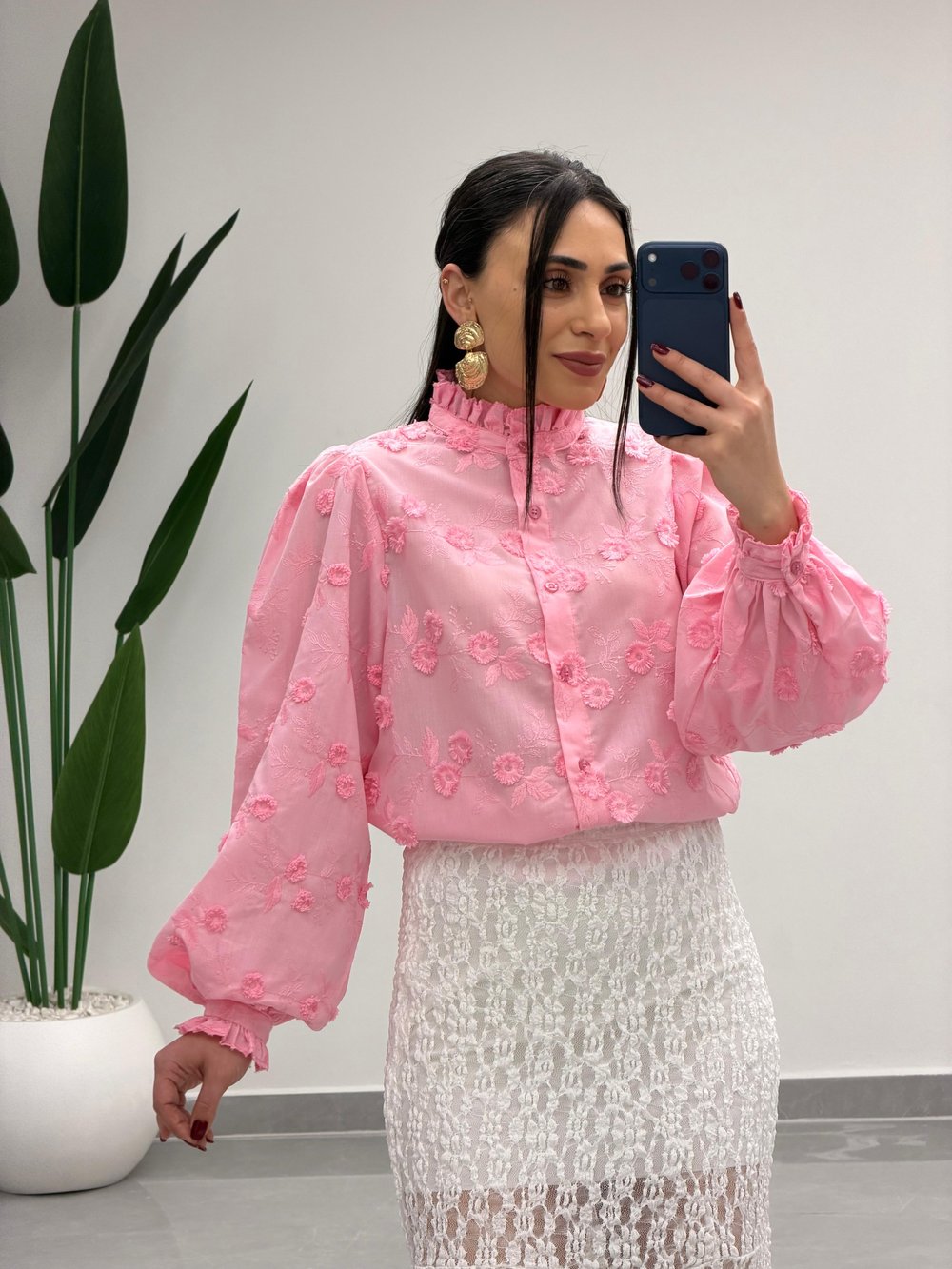 Çiçek Desen Gömlek Pembe