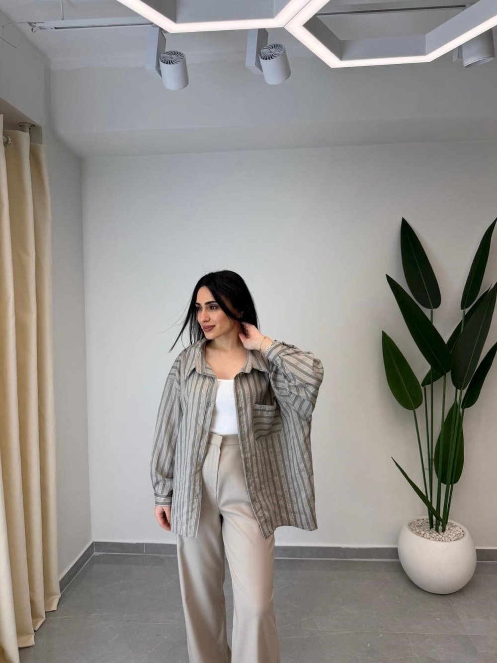 Çizgili Oversize Gömlek Bej