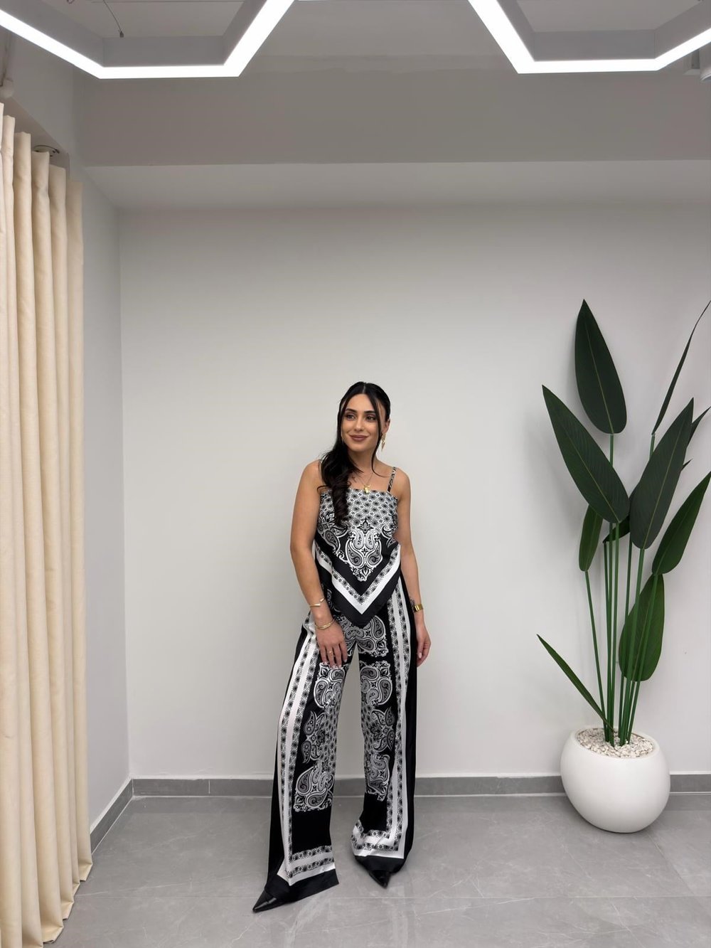 Desenli Bluz Pantolon İpek Saten Takım Siyah