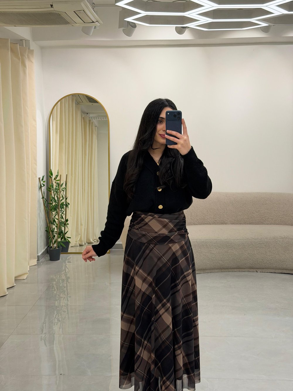 Drape Bel Detaylı Astarlı Desenli Etek Kahve
