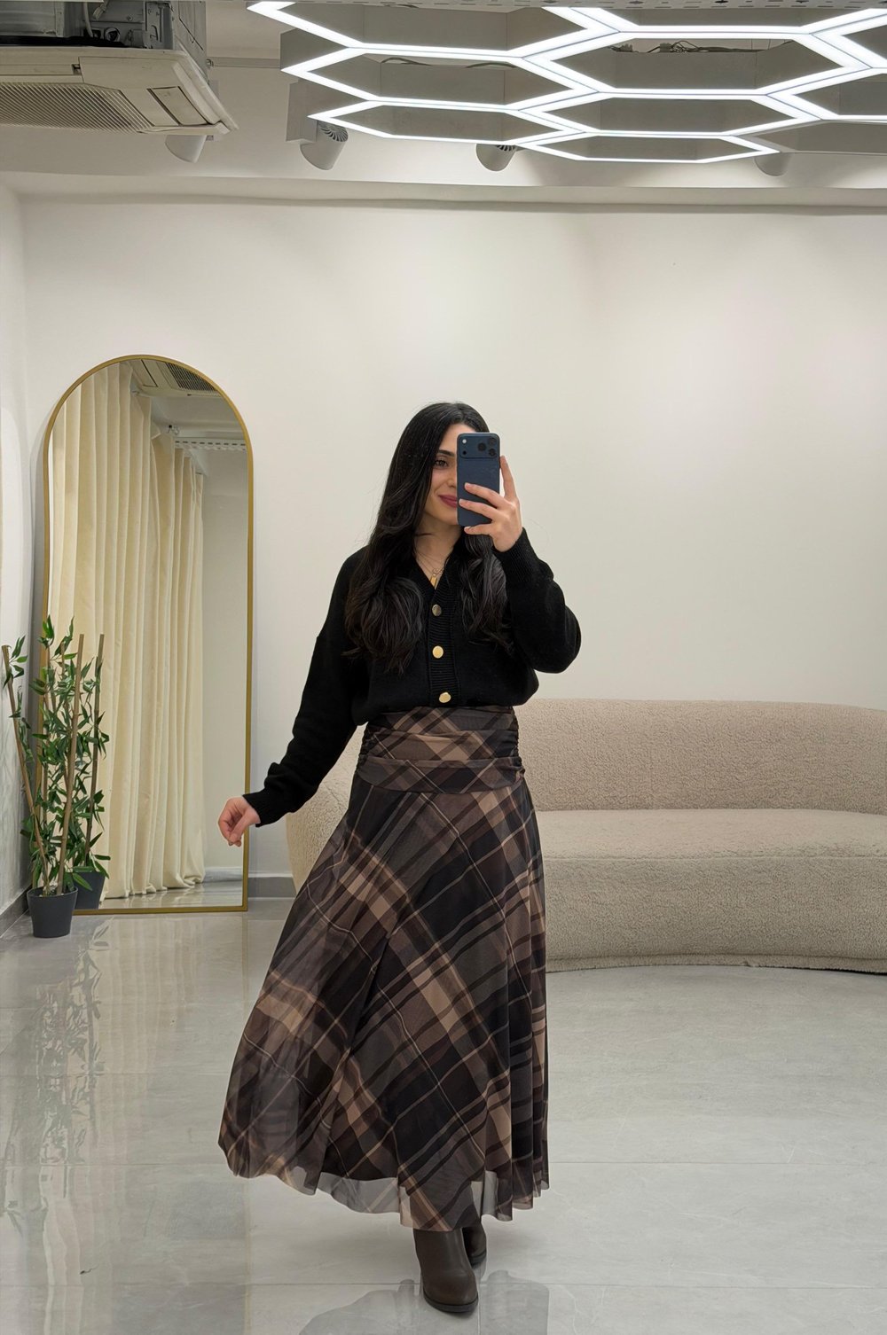 Drape Bel Detaylı Astarlı Desenli Etek Kahve