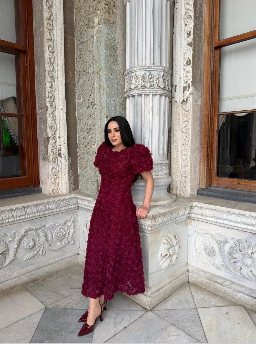 Gül Tasarım Balon Kol Elbise Bordo