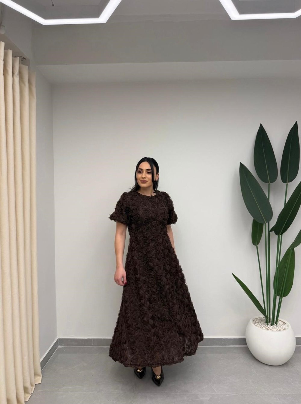 Gül Tasarım Balon Kol Elbise Kahve