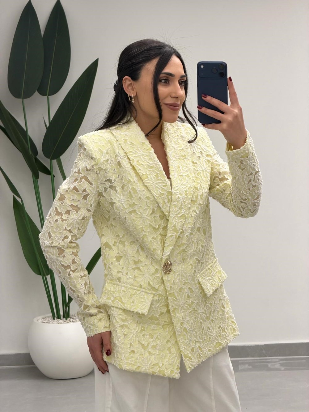 Tasarım Dantel Detaylı Kruvaze Blazer Ceket Sarı
