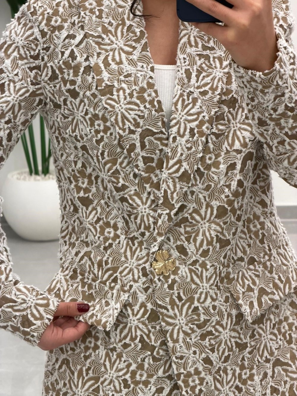 Tasarım Dantel Detaylı Kruvaze Blazer Ceket Kahve 
