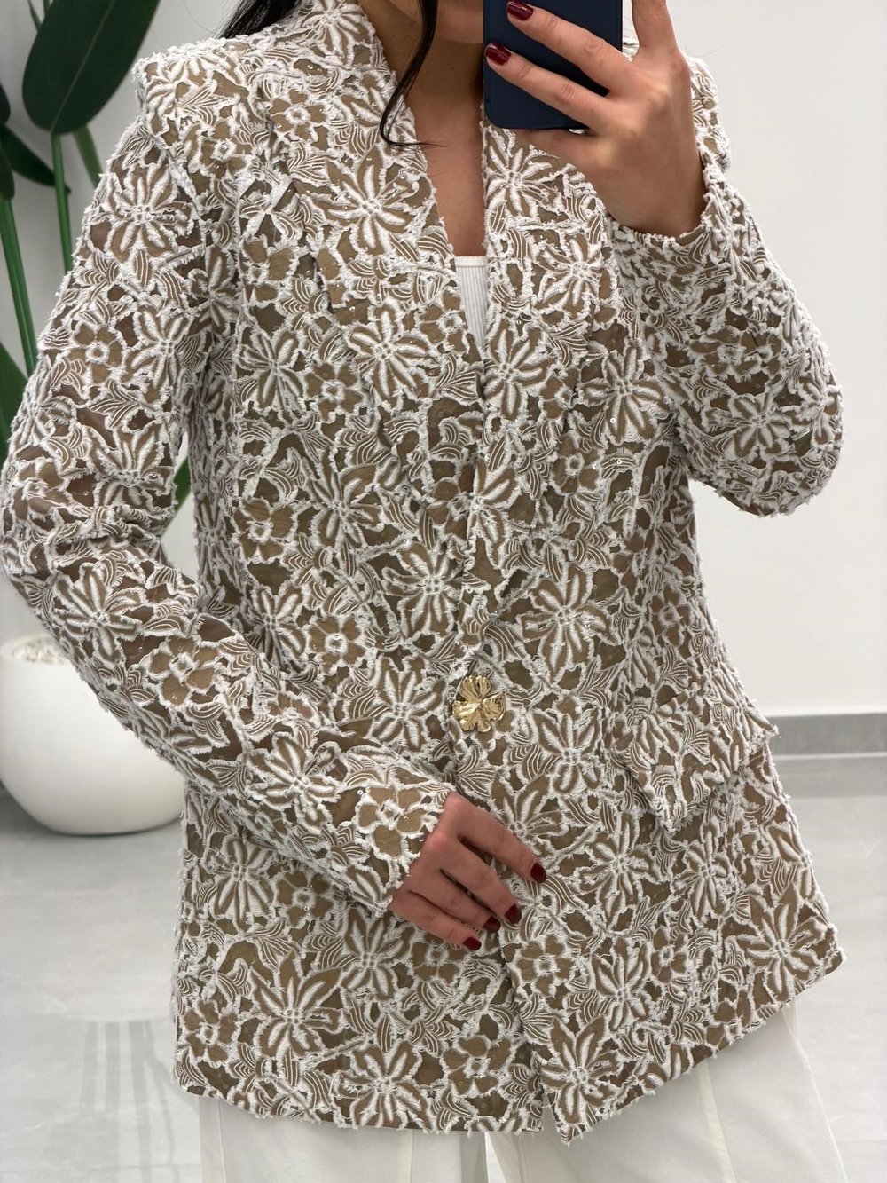 Tasarım Dantel Detaylı Kruvaze Blazer Ceket Kahve 