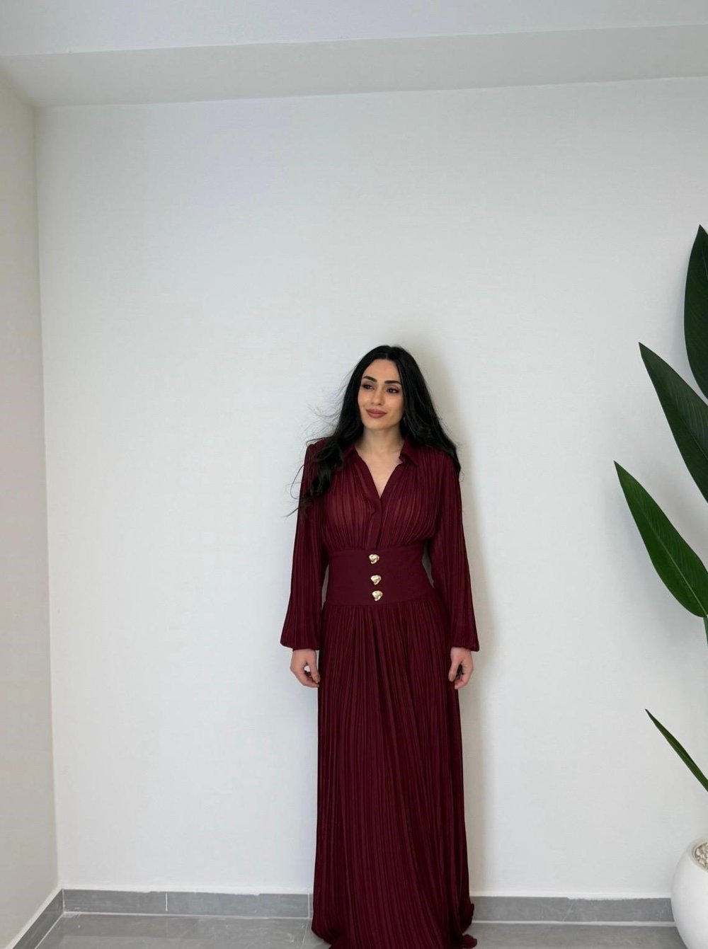 Tasarım Piliseli Bel Detay Premium Şifon Elbise Bordo