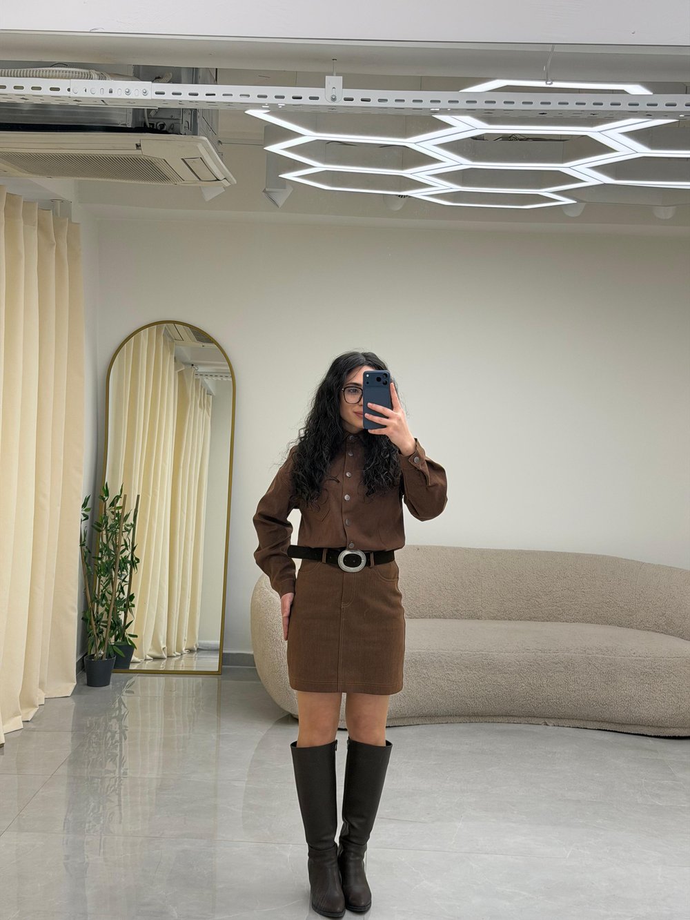 Yaka Düğmeli Denim Elbise Kahverengi